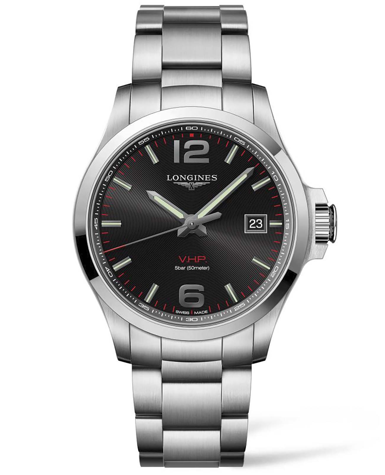 Longines Longines Conquest V.H.P. L3.726.4.56.6  L37264566 кварцевые мужские часы серебристый циферблат, браслет нержавеющая сталь — вид спереди